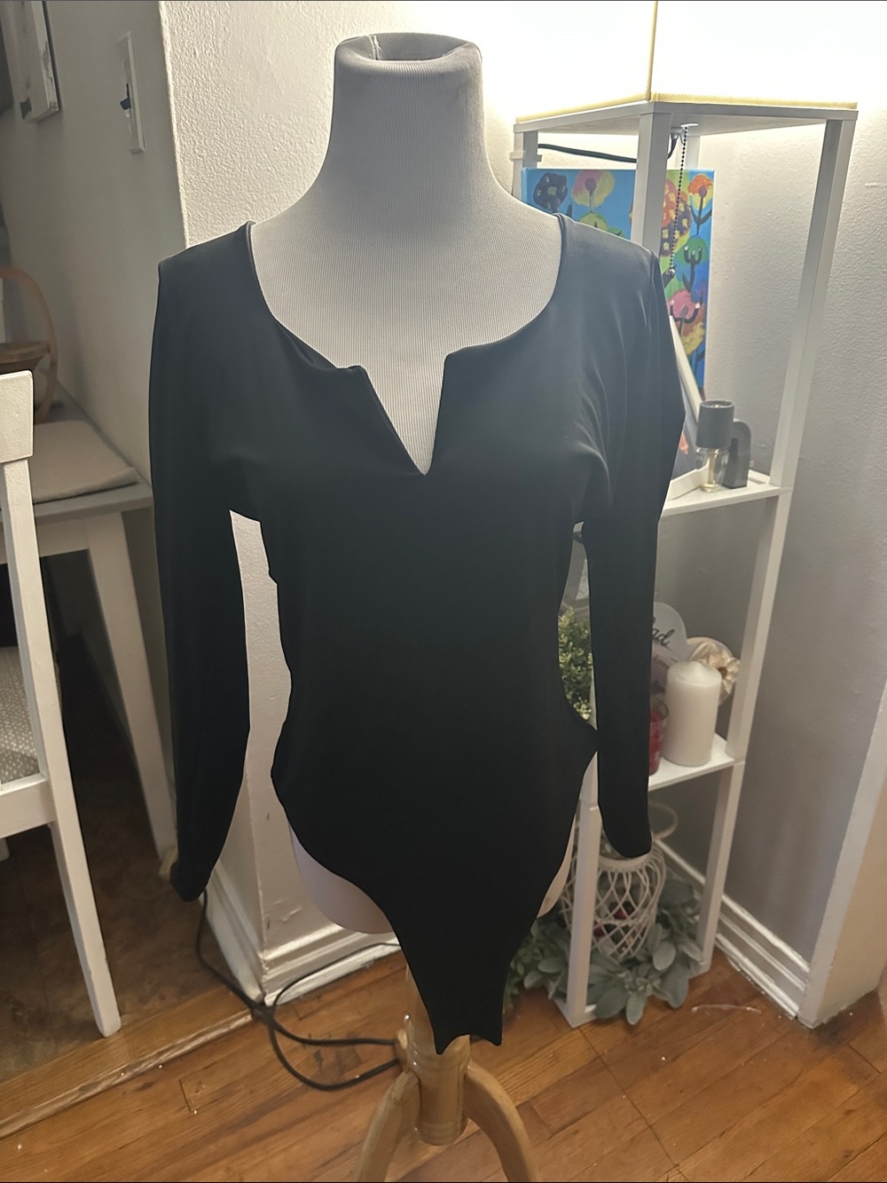 Amazon Black Long Sleeve Notch-Neck Bodysuit